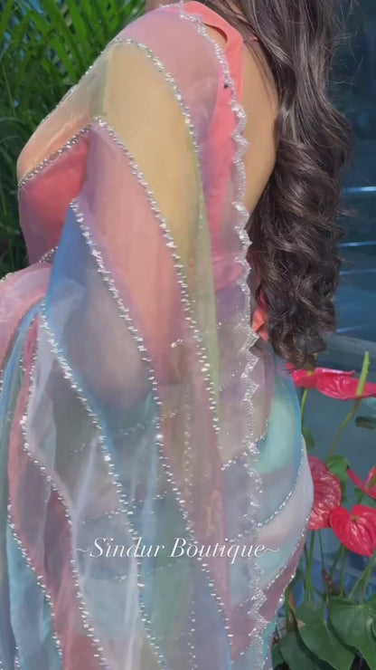 Multi colour Digital Printed Tabby Silk Saree with Diamond Work