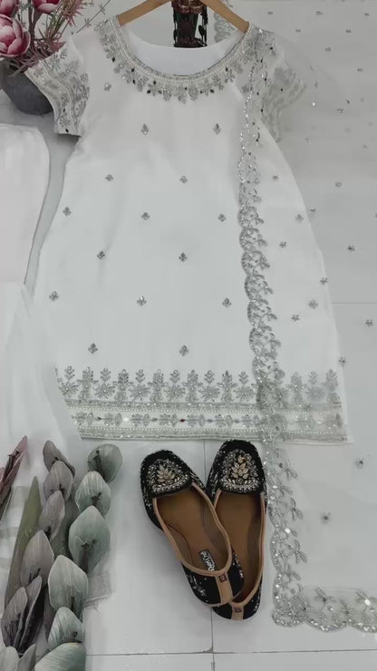 Wedding Wear Natural White Embroidery Sharara Suit