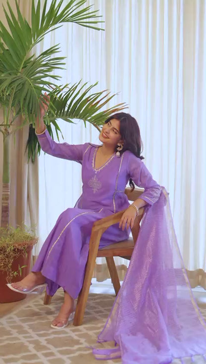 A Line Lavender Mul Chanderi Kurti Pant Dupatta Set