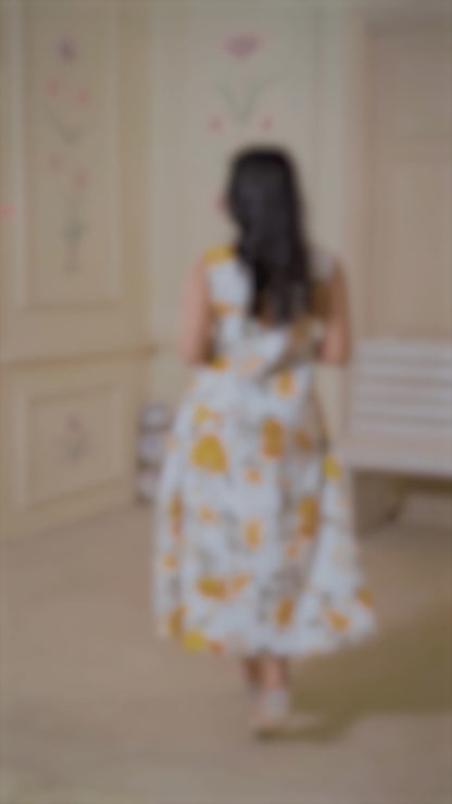 Sleeveless Yellow FLoral Midi Dress For Girls