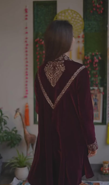Wine Velvet Designer Wear Kurta Plazzo With Sequence Embroidery Work