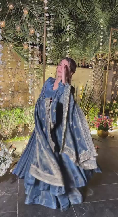 Embroidered Vichitra Silk Anarkali with Plazzo & Sequence Dupatta