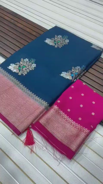 Teal Blue Georgette Saree With Pink Blouse