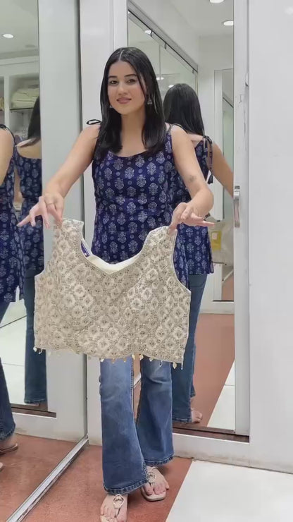 Ivory and Olive Green Chikankari Style Three-Piece Skirt Set with Embroidered Shrug