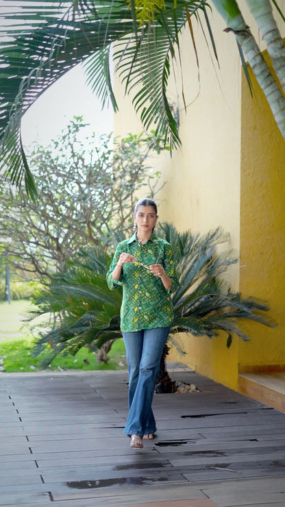 Green Bandhani Printed Casual Wear Shirt for Women