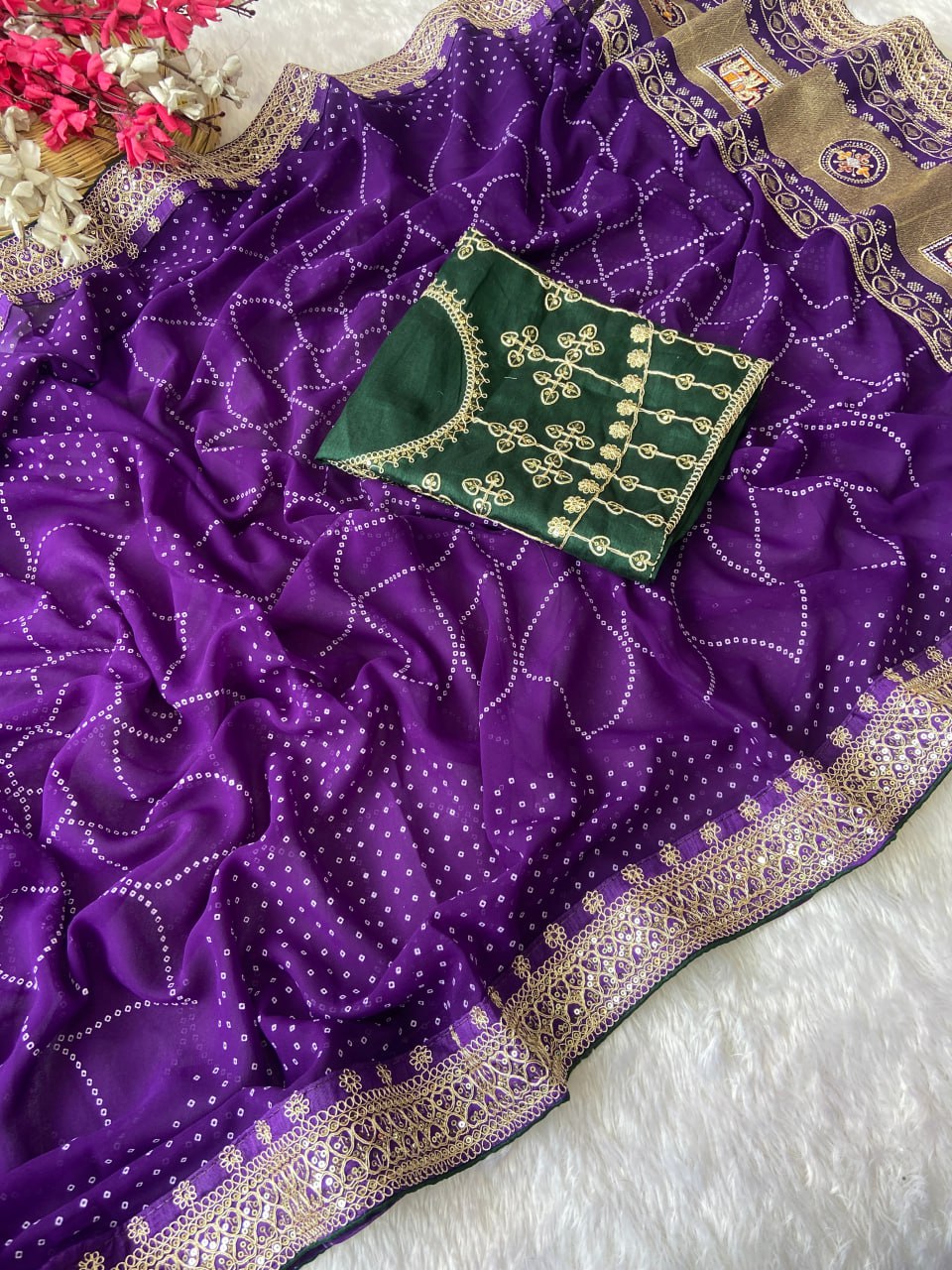 Designer Purple Vichitra Silk Bandej Saree