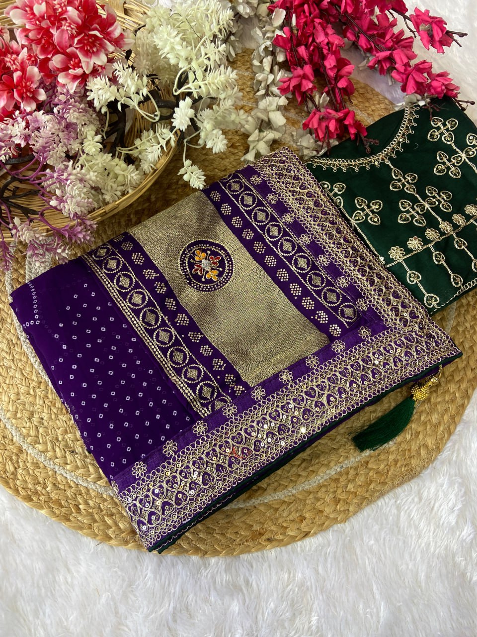 Designer Purple Vichitra Silk Bandej Saree