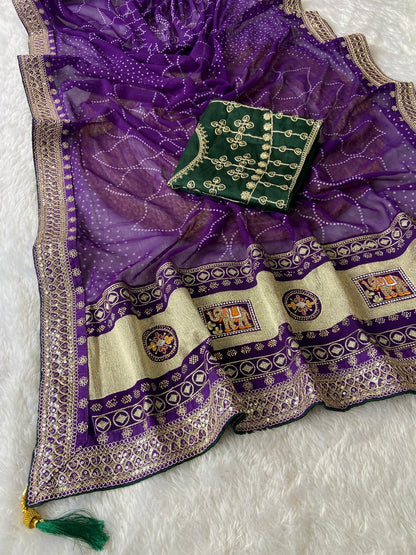 Designer Purple Vichitra Silk Bandej Saree