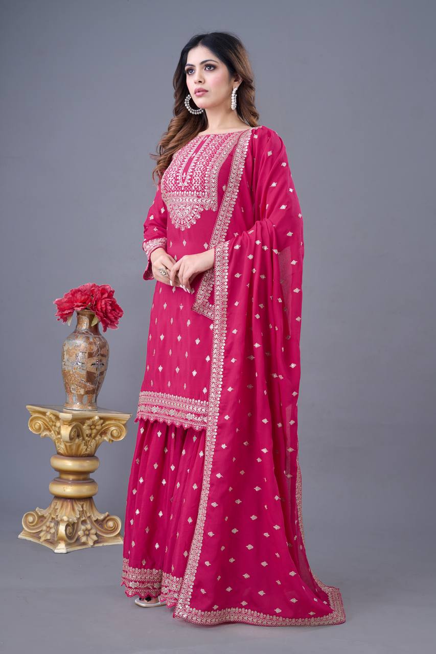 Heavy Chinon Silk Sequence Work Rani Pink Sharara Suit With