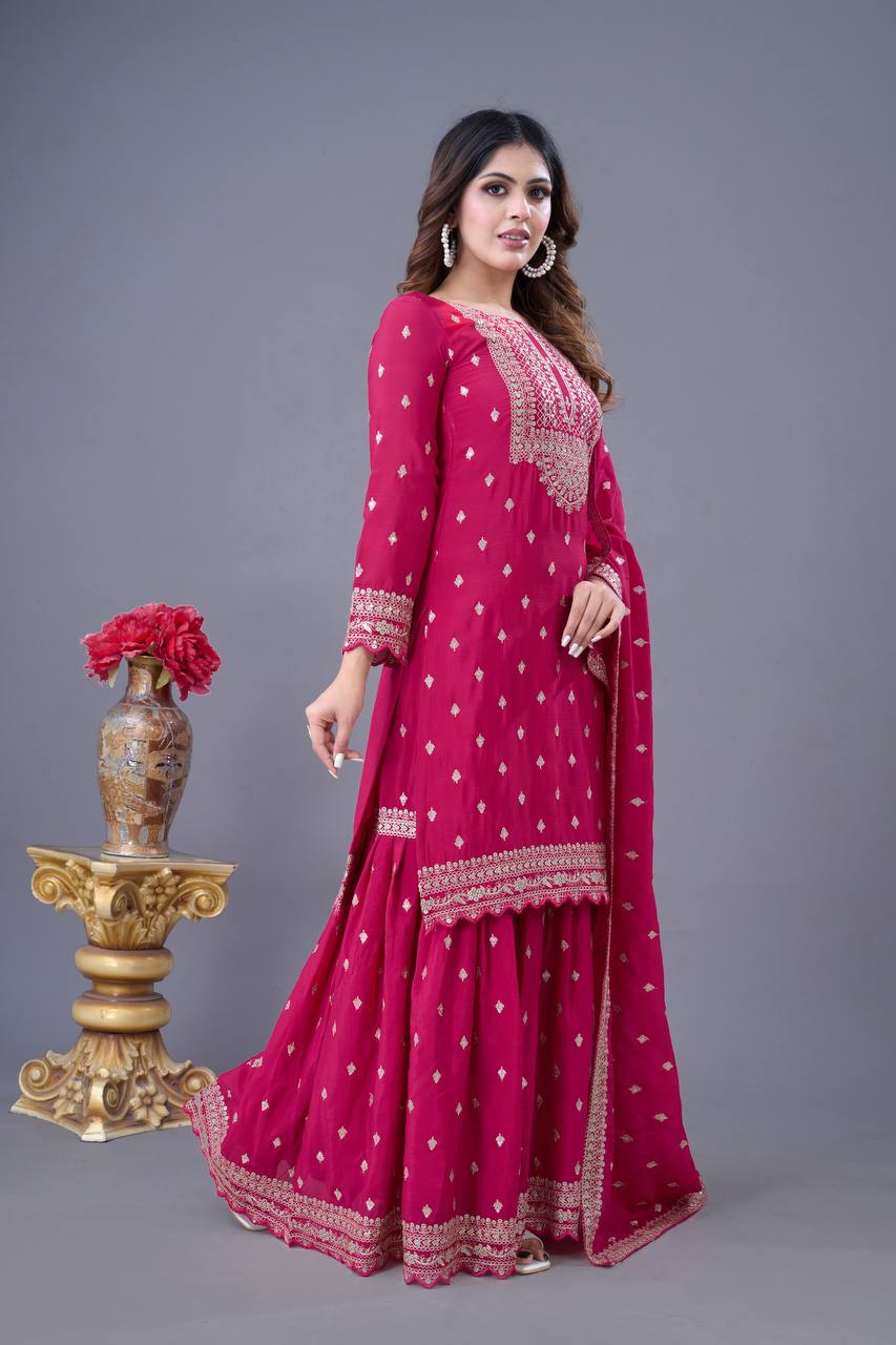 Heavy Chinon Silk Sequence Work Rani Pink Sharara Suit With