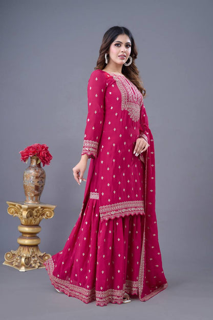 Heavy Chinon Silk Sequence Work Rani Pink Sharara Suit With