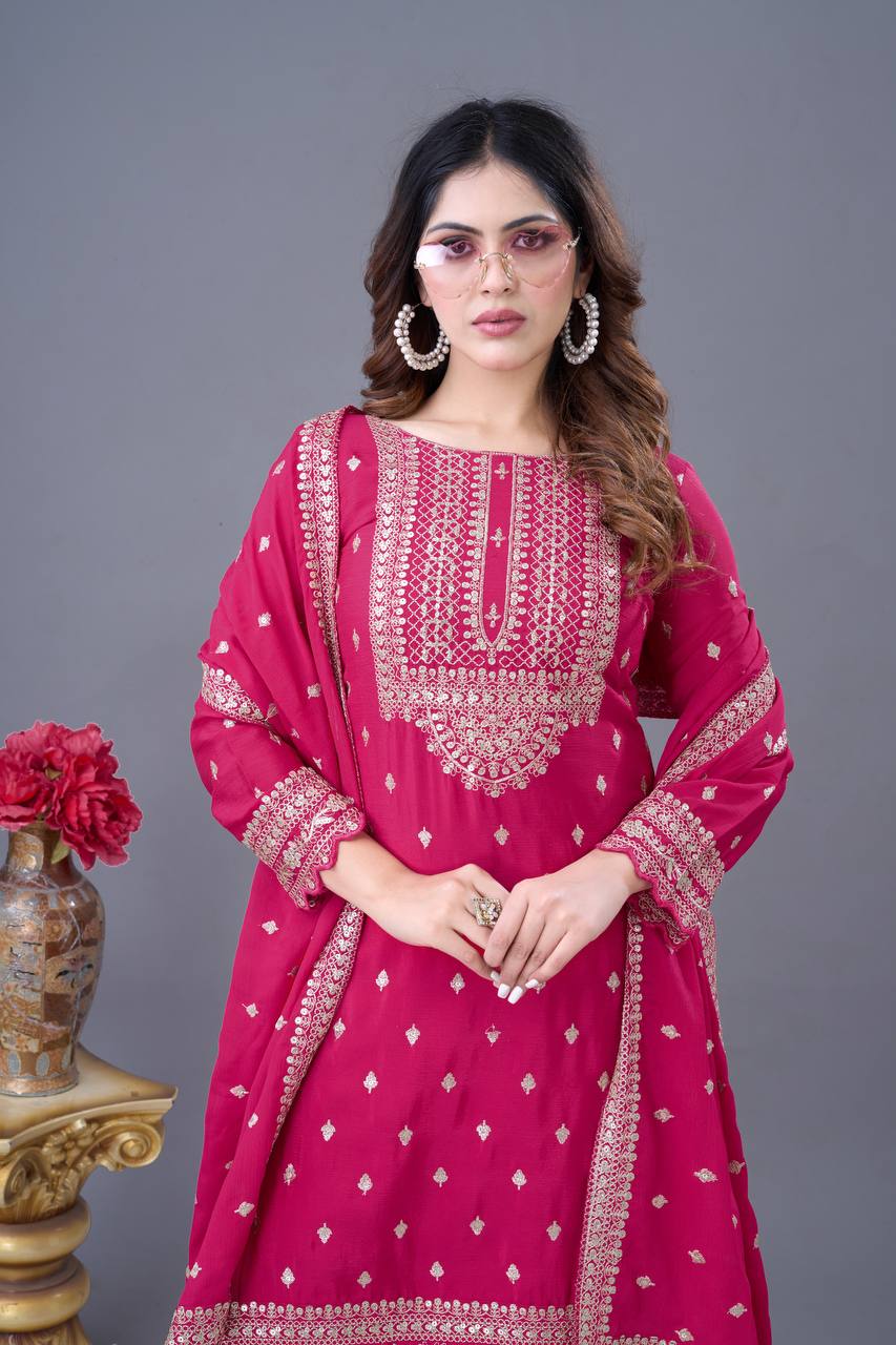 Heavy Chinon Silk Sequence Work Rani Pink Sharara Suit With