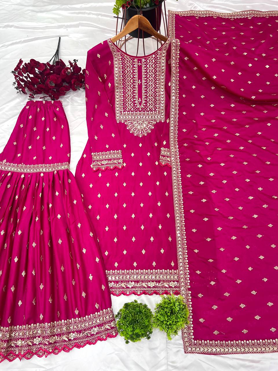 Heavy Chinon Silk Sequence Work Rani Pink Sharara Suit With