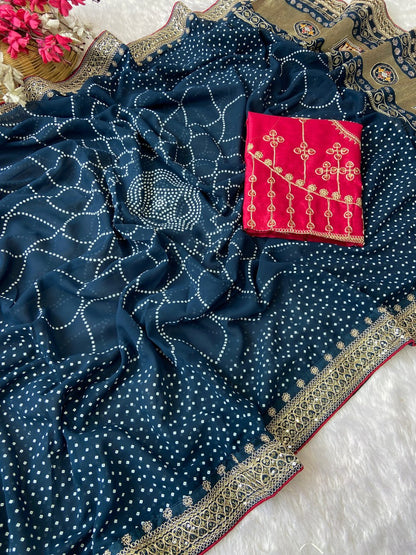 Rama Vichitra Silk Bandej Saree With Elegent Blouse