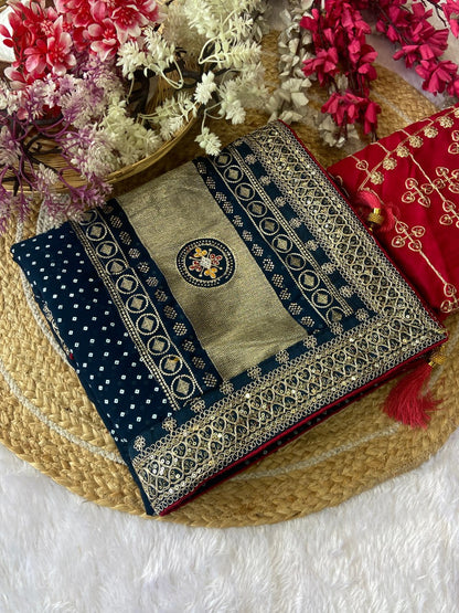 Rama Vichitra Silk Bandej Saree With Elegent Blouse