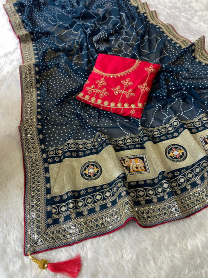 Rama Vichitra Silk Bandej Saree With Elegent Blouse