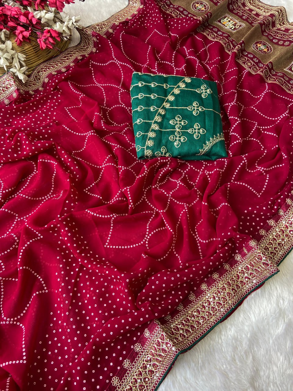 Elegent Rani Pink Bandhej Saree With Green Blouse