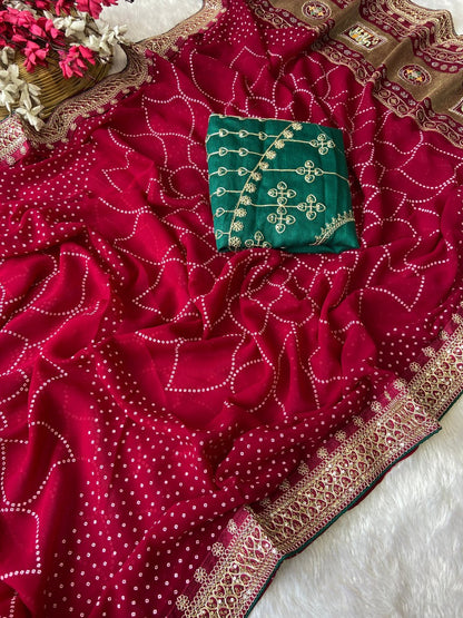 Elegent Rani Pink Bandhej Saree With Green Blouse