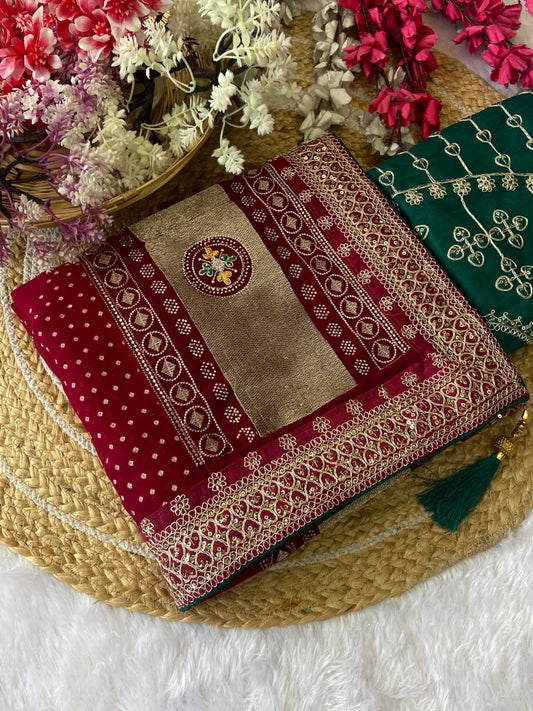Elegent Rani Pink Bandhej Saree With Green Blouse