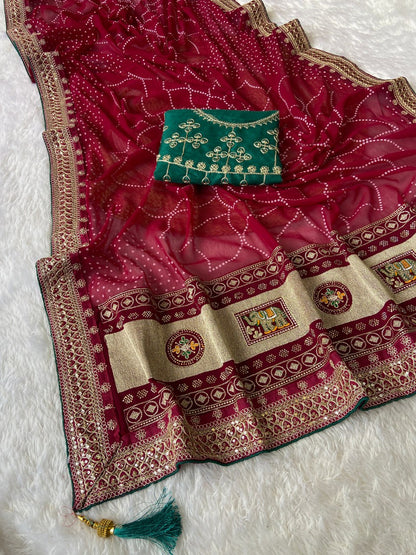 Elegent Rani Pink Bandhej Saree With Green Blouse