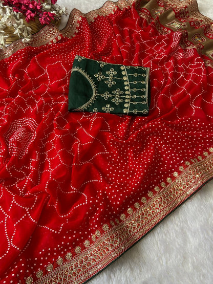 Beautiful Bandhej Sequence Work Red Saree