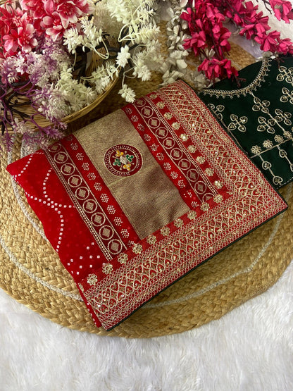 Beautiful Bandhej Sequence Work Red Saree