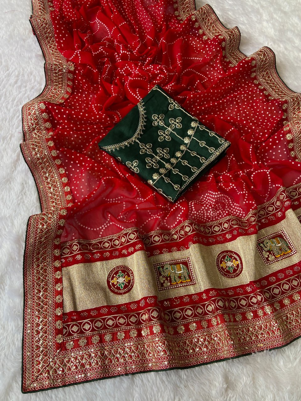 Beautiful Bandhej Sequence Work Red Saree