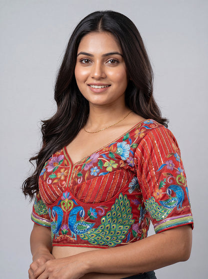 Heavy Multi-color Sequence Work Red Blouse