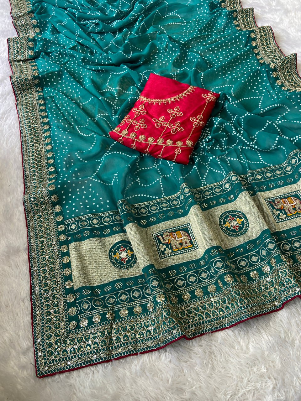 Turquoise Bandhej Saree With Red Blouse