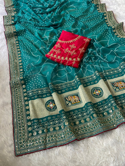 Turquoise Bandhej Saree With Red Blouse