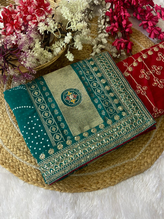Turquoise Bandhej Saree With Red Blouse