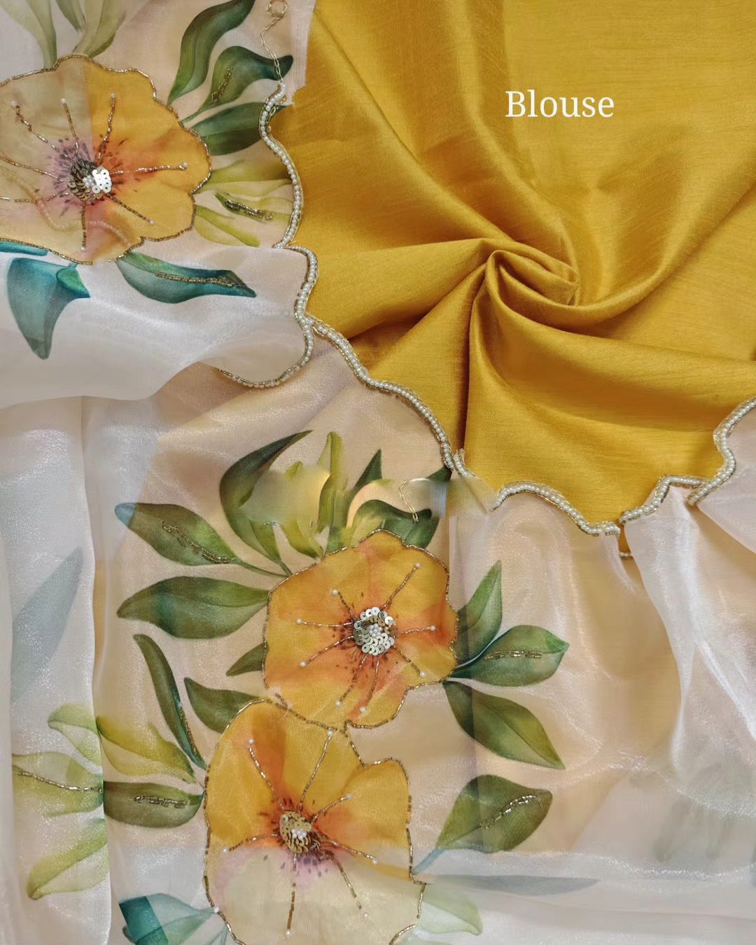 Yellow Handwork Arca Border Pair With Silk Blouse