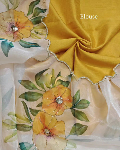 Yellow Handwork Arca Border Pair With Silk Blouse