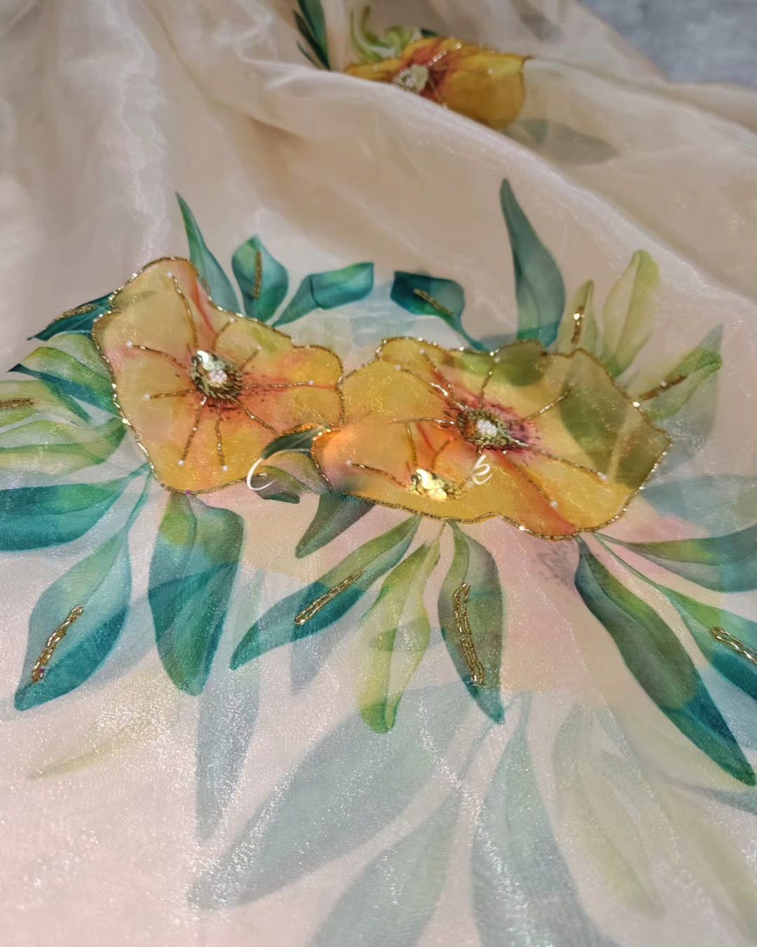 Yellow Handwork Arca Border Pair With Silk Blouse