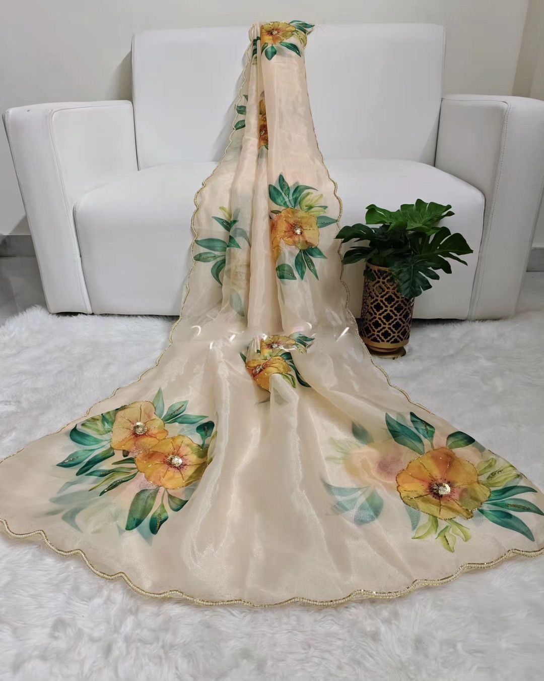 Yellow Handwork Arca Border Pair With Silk Blouse